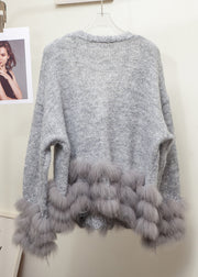 Floral Grey V Neck Fox Fur Pearl Patchwork Knit Sweaters Winter