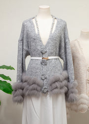 Floral Grey V Neck Fox Fur Pearl Patchwork Knit Sweaters Winter
