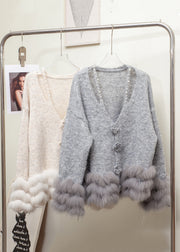 Floral Grey V Neck Fox Fur Pearl Patchwork Knit Sweaters Winter