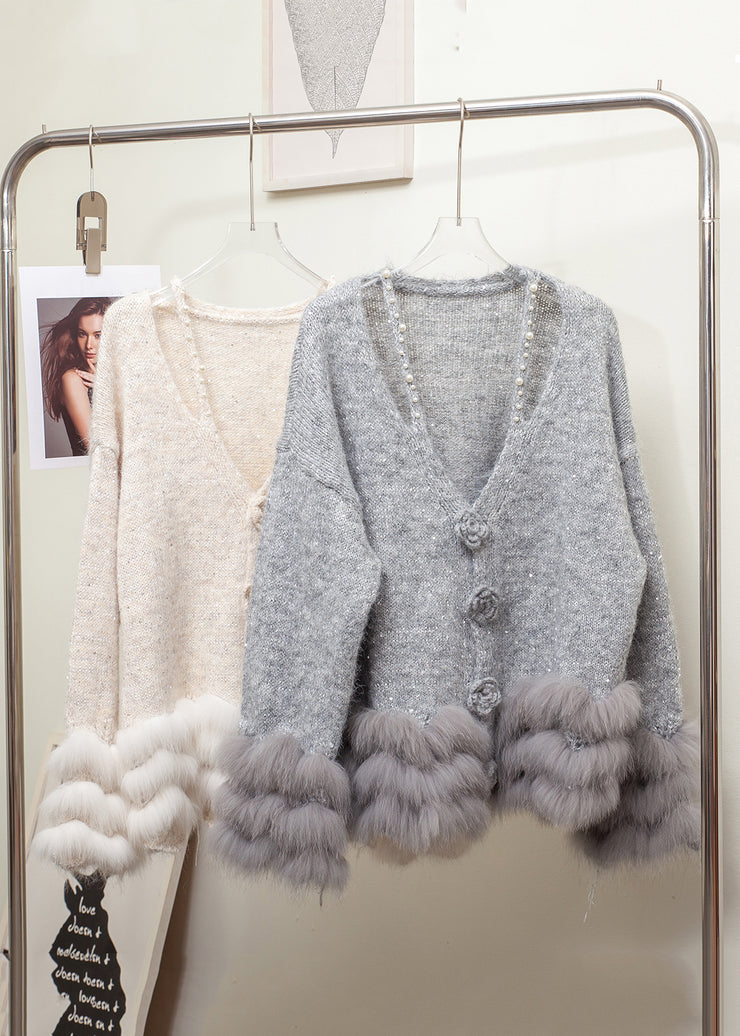 Floral Grey V Neck Fox Fur Pearl Patchwork Knit Sweaters Winter