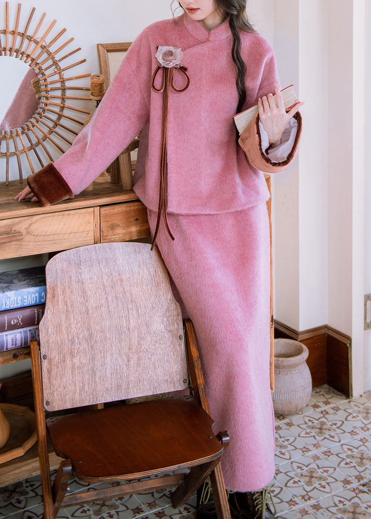 Floral Pink Fur Collar Coat Side Open And Skirts Woolen Two Pieces Set Winter