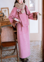 Floral Pink Fur Collar Coat Side Open And Skirts Woolen Two Pieces Set Winter