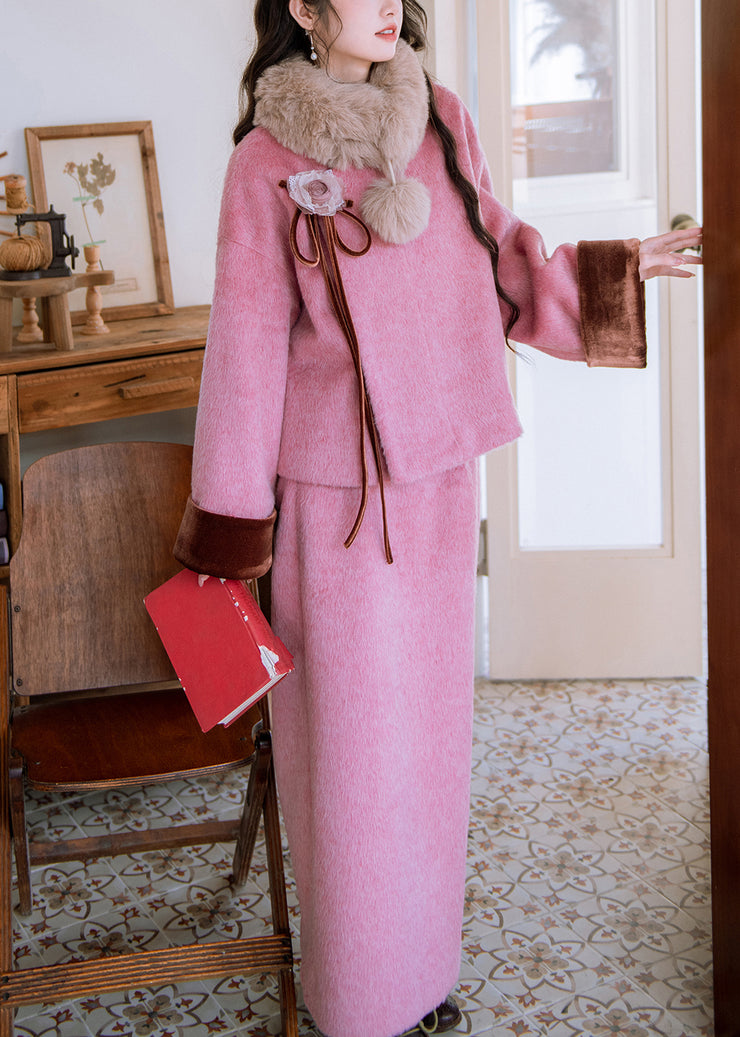 Floral Pink Fur Collar Coat Side Open And Skirts Woolen Two Pieces Set Winter