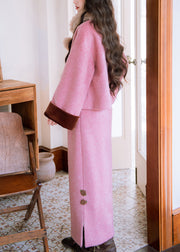 Floral Pink Fur Collar Coat Side Open And Skirts Woolen Two Pieces Set Winter
