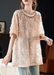 Floral Pink O-Neck Sequins Tulle T Shirt Summer