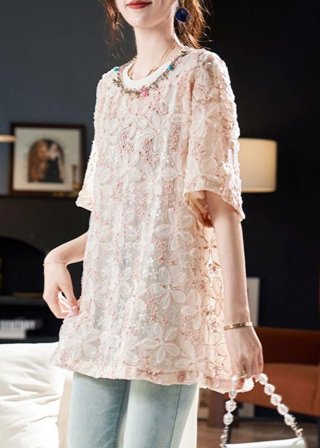 Floral Pink O-Neck Sequins Tulle T Shirt Summer