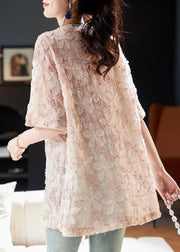 Floral Pink O-Neck Sequins Tulle T Shirt Summer