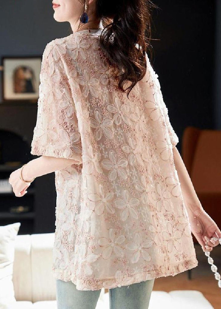 Floral Pink O-Neck Sequins Tulle T Shirt Summer