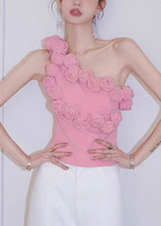 Floral Pink One-Shoulder Solid Cotton Tank Sleeveless