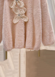 Floral Pink V Neck Cozy Mink Hair Knitted Sweater Spring