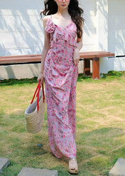 Floral Pink V Neck Print Spaghetti Strap Dress Sleeveless