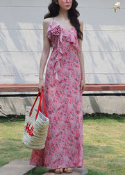 Floral Pink V Neck Print Spaghetti Strap Dress Sleeveless