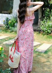 Floral Pink V Neck Print Spaghetti Strap Dress Sleeveless