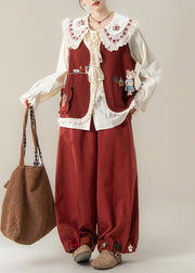 Floral Red Peter Pan Collar Lace Patchwork Cotton Three Piece Set Fall