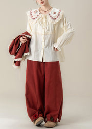 Floral Red Peter Pan Collar Lace Patchwork Cotton Three Piece Set Fall