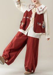 Floral Red Peter Pan Collar Lace Patchwork Cotton Three Piece Set Fall