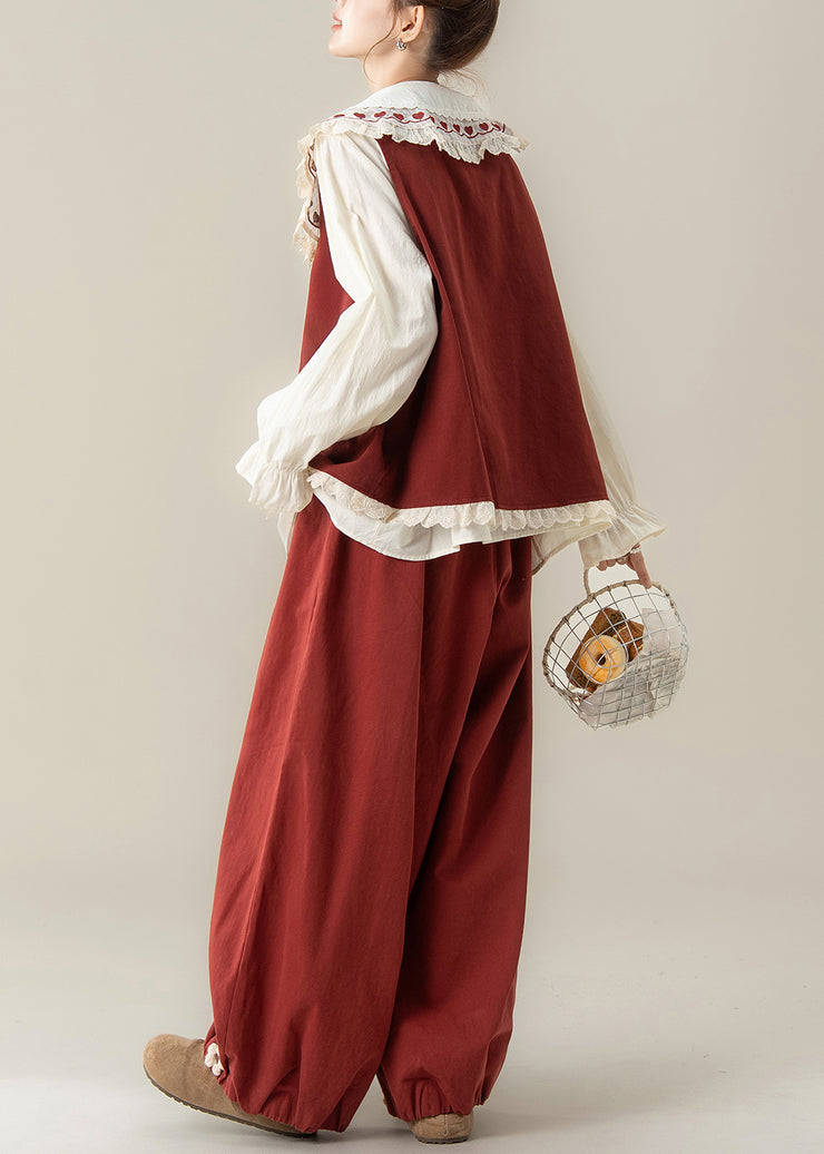 Floral Red Peter Pan Collar Lace Patchwork Cotton Three Piece Set Fall