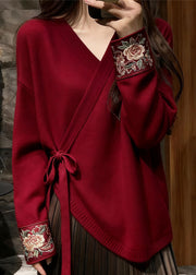 Floral Red V Neck Lace Up Solid Knit Sweater Fall