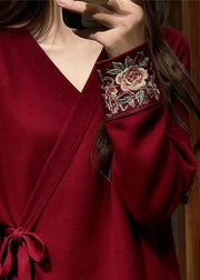 Floral Red V Neck Lace Up Solid Knit Sweater Fall