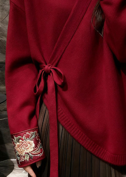 Floral Red V Neck Lace Up Solid Knit Sweater Fall