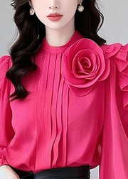 Floral Rose Ruffled Solid Cotton Blouses Fall