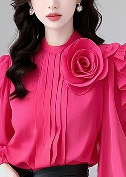 Floral Rose Ruffled Solid Cotton Blouses Fall