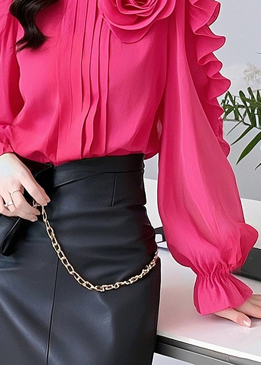 Floral Rose Ruffled Solid Cotton Blouses Fall
