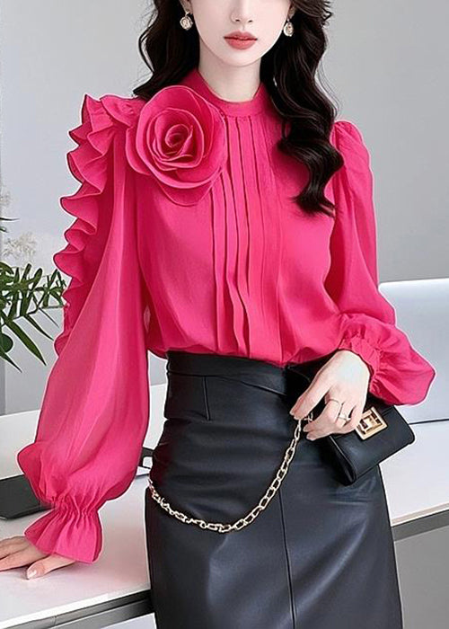 Floral Rose Ruffled Solid Cotton Blouses Fall