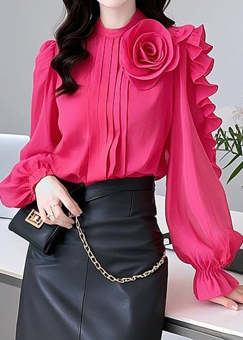 Floral Rose Ruffled Solid Cotton Blouses Fall