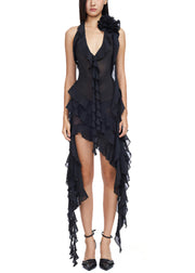 Floral Rose V Neck Lace Up Cotton Vacation Dresses Sleeveless