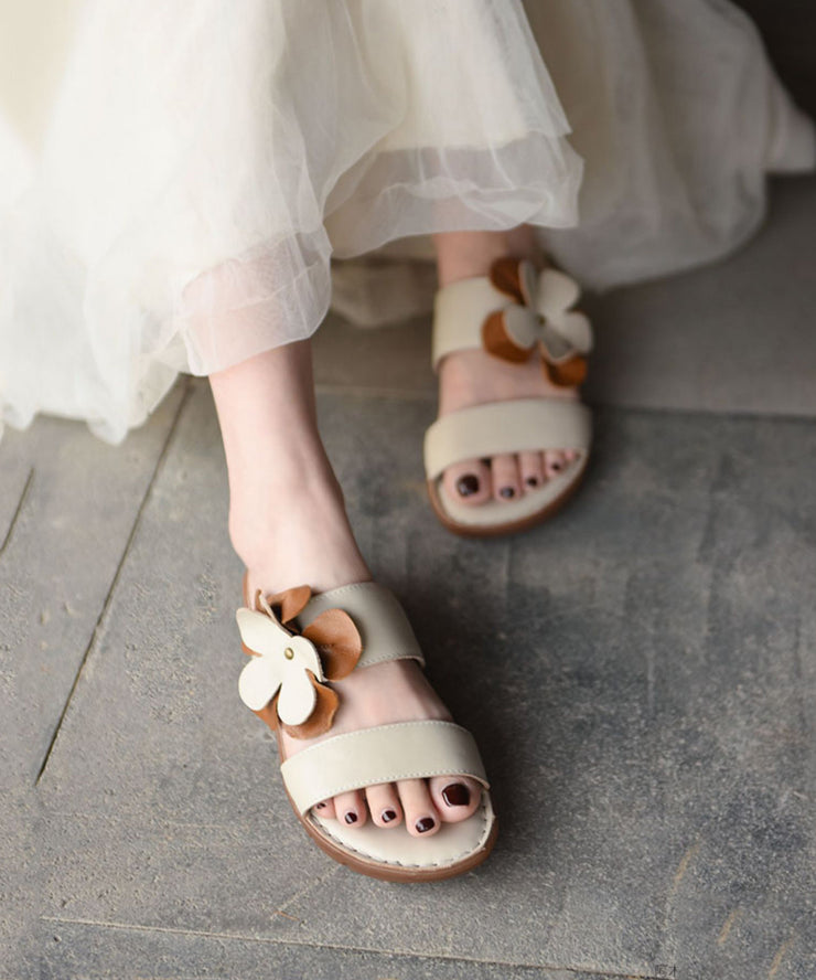 Floral Splicing Platform Beige Comfortable Cowhide Leather Slide Sandals