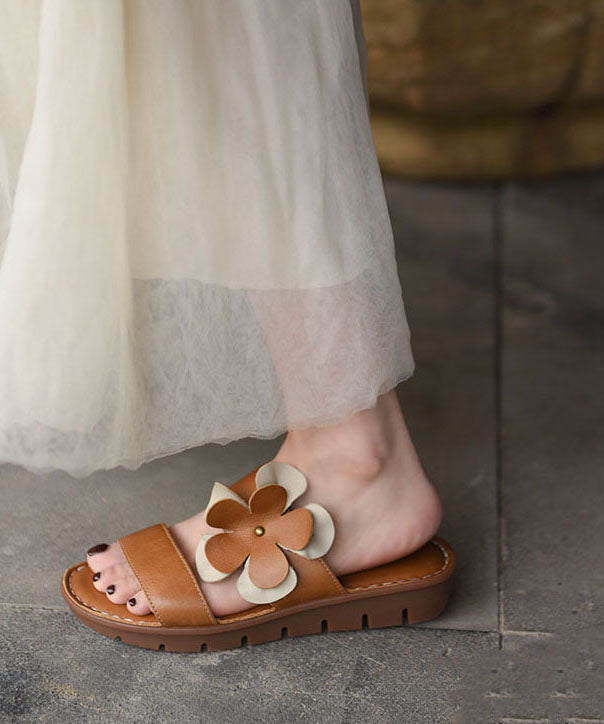 Floral Splicing Platform Beige Comfortable Cowhide Leather Slide Sandals