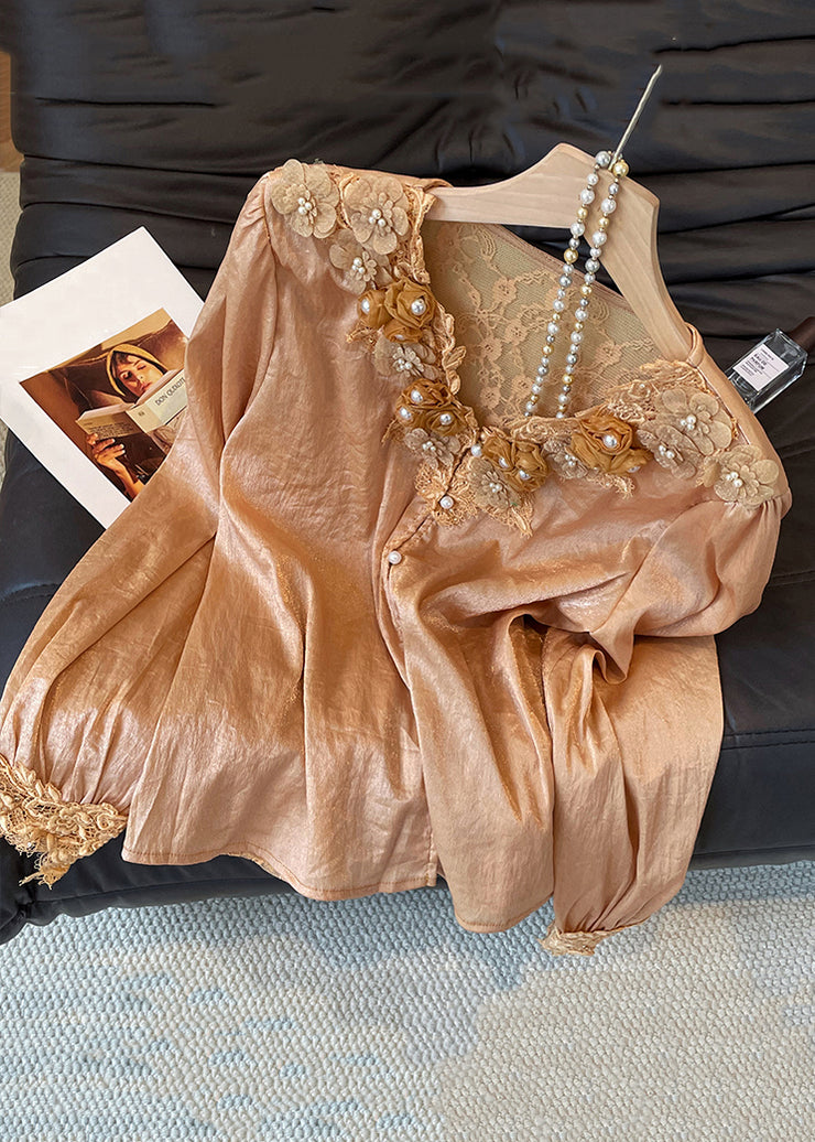 Floral V Neck Button Lace Patchwork Silk Shirt Fall