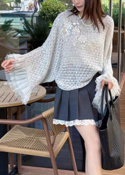 Floral White Hollow Out Patchwork Knit Sweater Fall