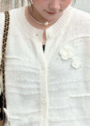 Floral White O Neck Button Cozy Knit Coats Fall