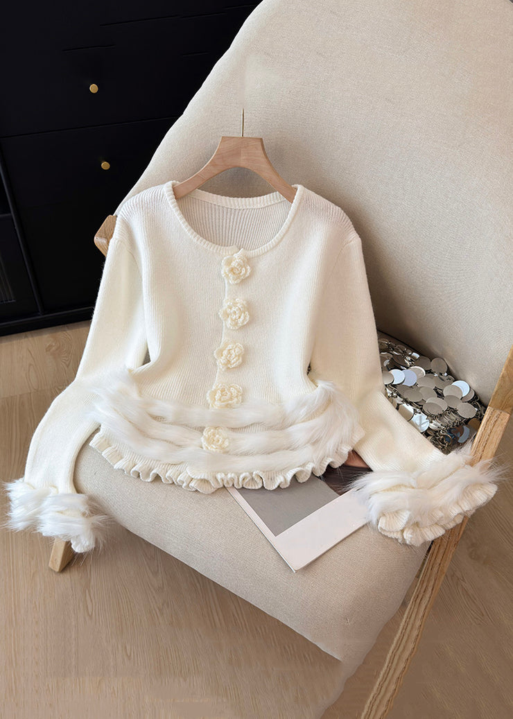 Floral White Ruffled Cozy Patchwork Knit Sweater Tops