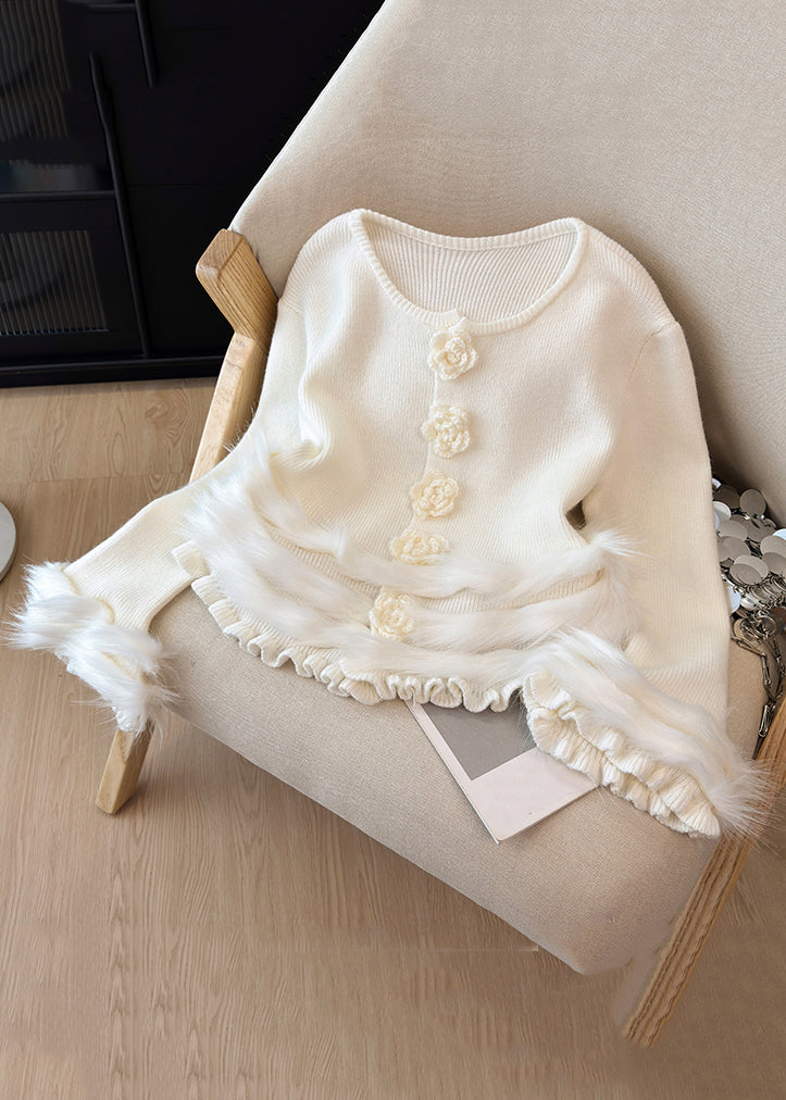 Floral White Ruffled Cozy Patchwork Knit Sweater Tops