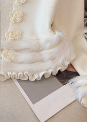 Floral White Ruffled Cozy Patchwork Knit Sweater Tops