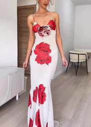 Floral White V Neck Print Chiffon Spaghetti Strap Dress Sleeveless
