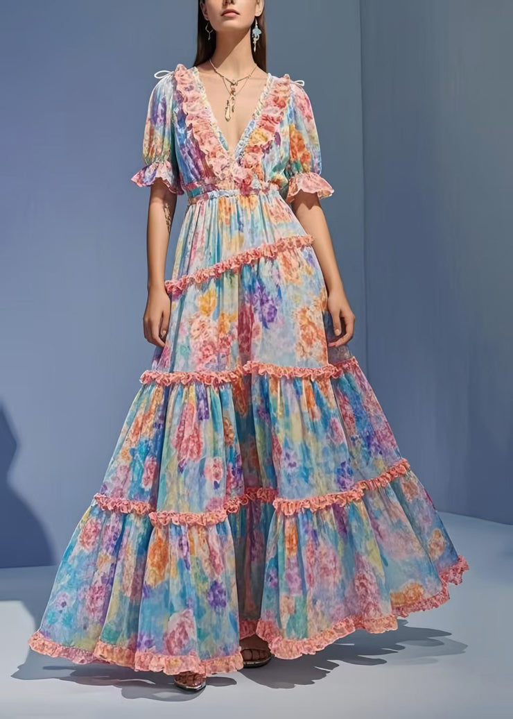 Flower Print Chiffon Party Dress Ruffled Exra Large Hem Summer