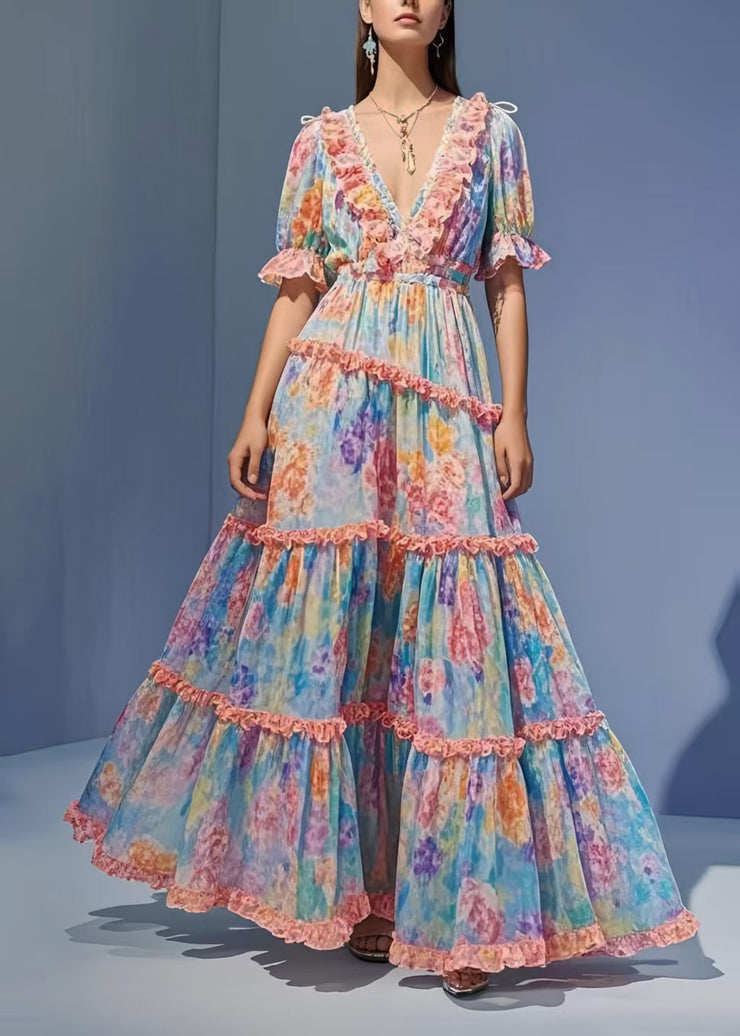 Flower Print Chiffon Party Dress Ruffled Exra Large Hem Summer
