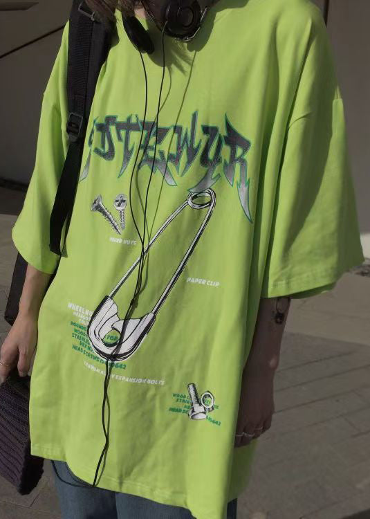 Fluorescent Green Print Cotton Loose Mens T Shirt O Neck Summer