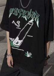 Fluorescent Green Print Cotton Loose Mens T Shirt O Neck Summer
