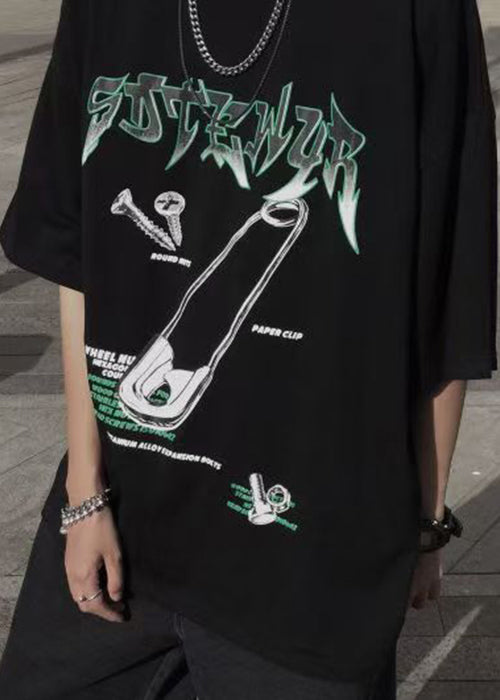 Fluorescent Green Print Cotton Loose Mens T Shirt O Neck Summer