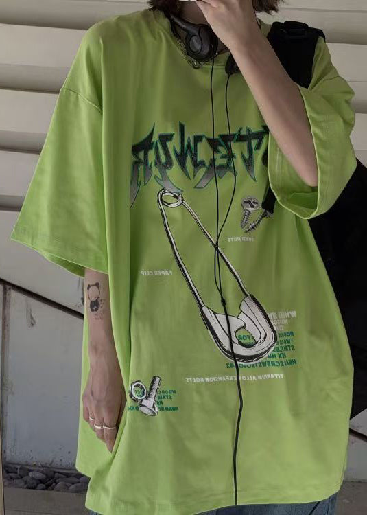 Fluorescent Green Print Cotton Loose Mens T Shirt O Neck Summer
