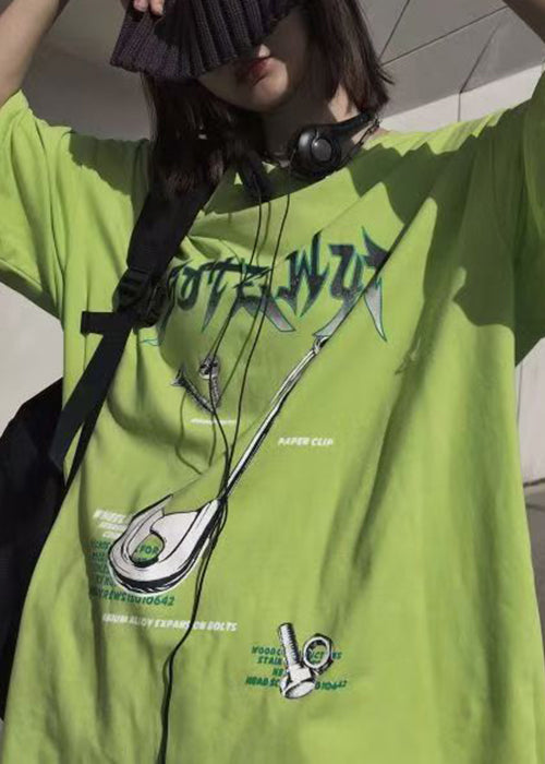 Fluorescent Green Print Cotton Loose Mens T Shirt O Neck Summer