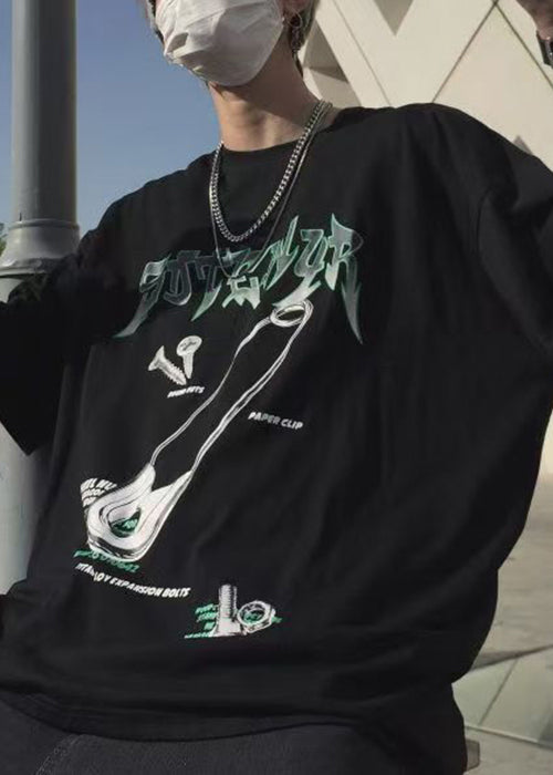 Fluorescent Green Print Cotton Loose Mens T Shirt O Neck Summer