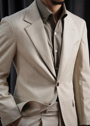 Formal Beige Peter Pan Collar Button Spandex Men Coat Fall
