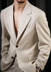 Formal Beige Peter Pan Collar Button Spandex Men Coat Fall