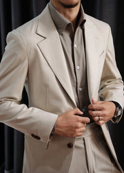 Formal Beige Peter Pan Collar Button Spandex Men Coat Fall